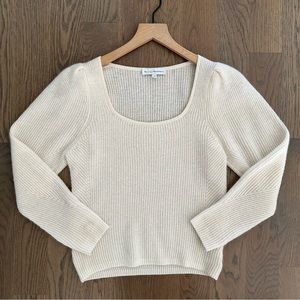 White + Warren 100% Cashmere Ribbed Scoop Neck Puff Sleeve Sweater Soft White XS